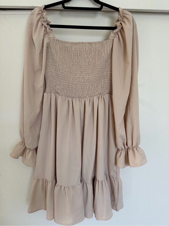 Dresses & Skirts - Smocked Square Neck Long Sleeve Mini Dress - Beige